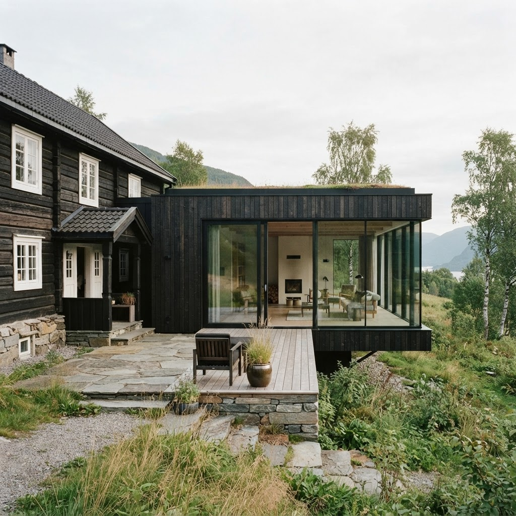 Moderne tilbygg i tre og glass på en eldre norsk bolig