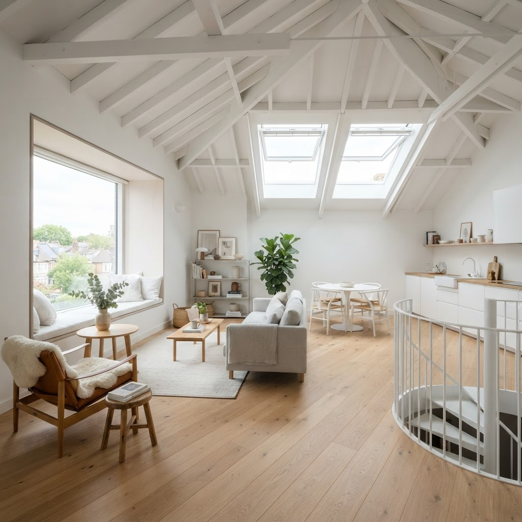 Lyst loftsrom med takvinduer etter bruksendring