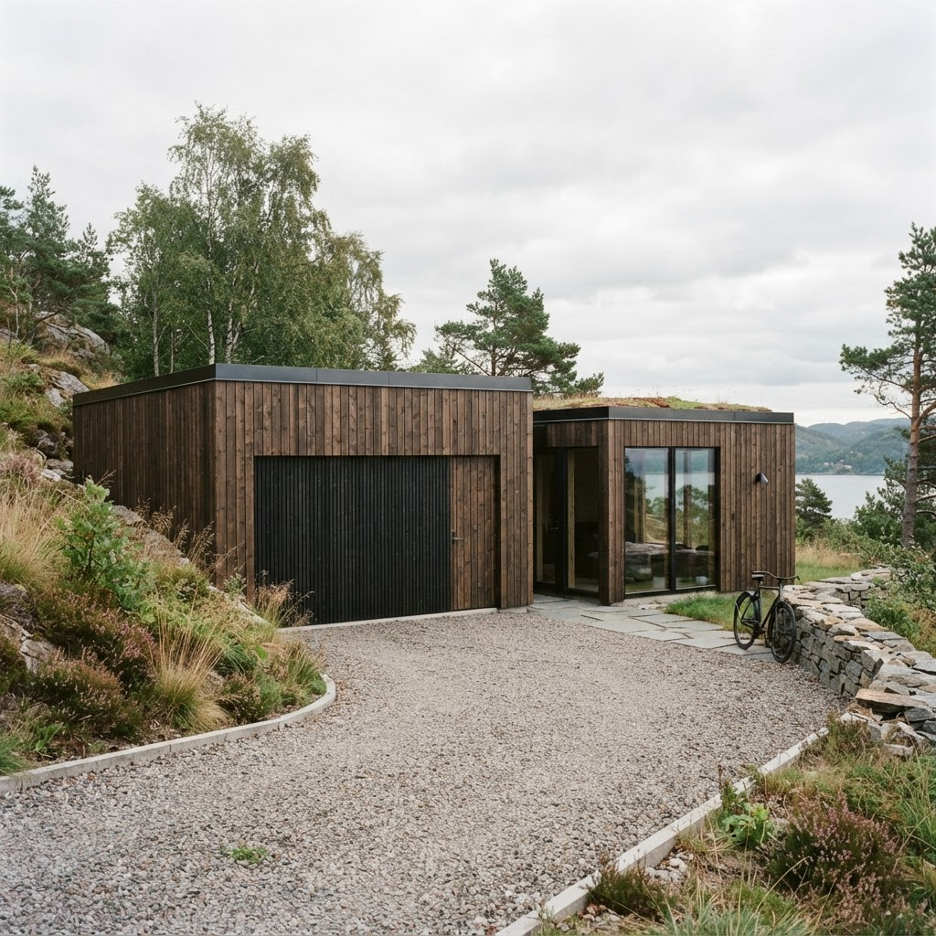 Minimalistisk garasje og anneks med vertikal trekledning